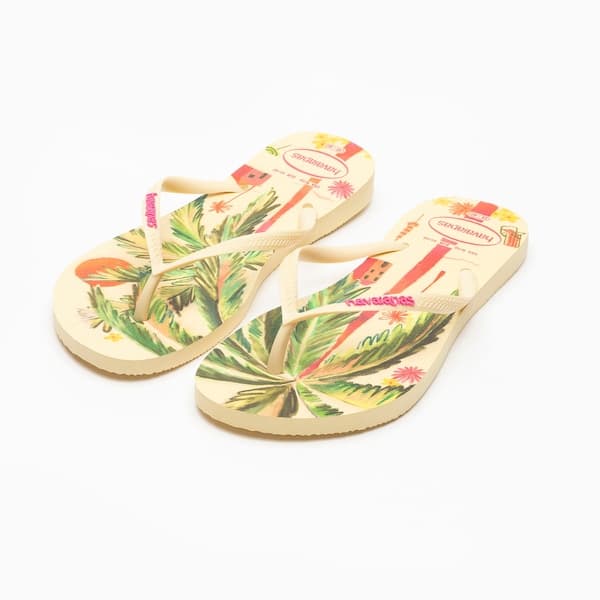 Havaianas Slim Summer Bliss, chinelo adulto amarelo com estampa tropical.