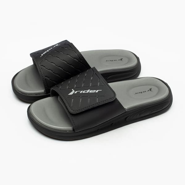 Rider Slide Slipper Soft Plus preto e cinza, com sola texturizada e logotipo.