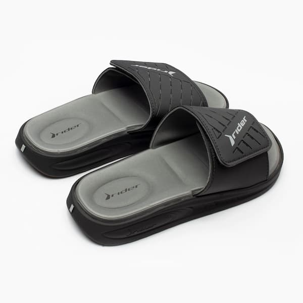 Detalhes do Rider Slide Slipper Soft Plus preto e cinza, mostrando o interior.