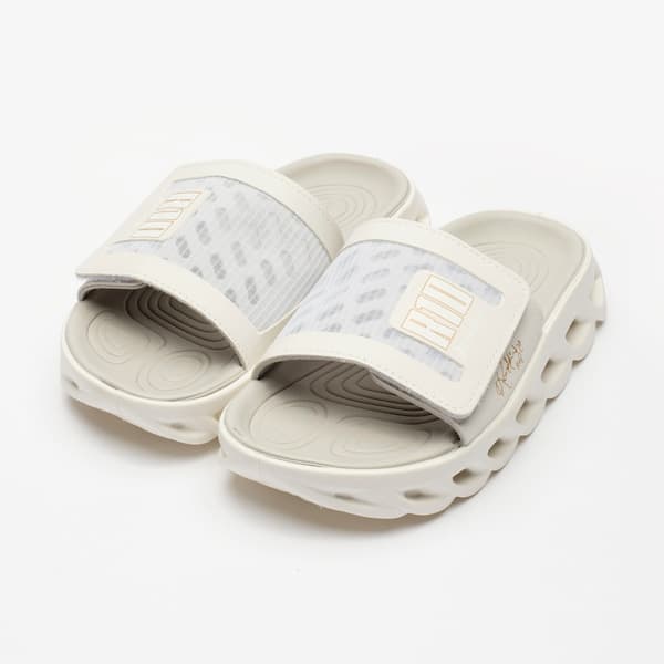 PUMA Rider Slide Synthetic, branco e cinza, com design ventilado e logotipo.