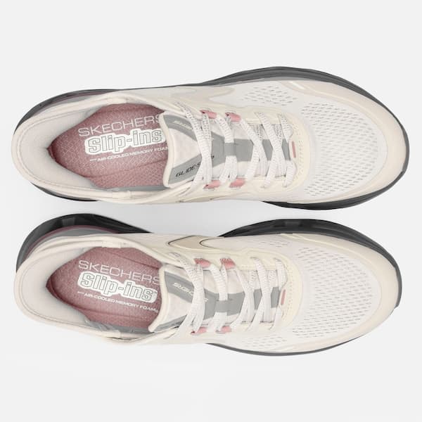 Tênis feminino Skechers Slip-ins branco e cinza, estilo slip-on, com palmilha Air-Cooled Memory Foam.