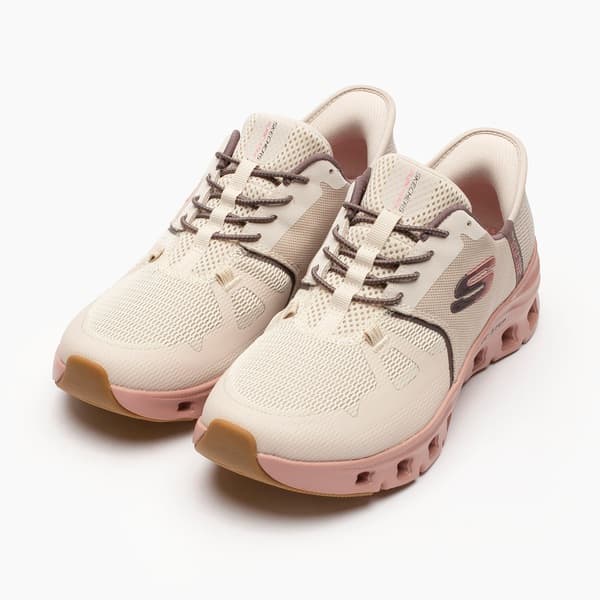 Tênis Skechers feminino branco e rosa respirável com sola rosa e sola branca.
