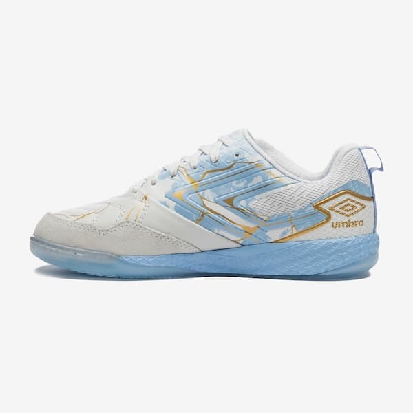 Chuteira Futsal Adulto Umbro Pro 5 Bump Kintsugi branca com detalhes dourados e azuis
