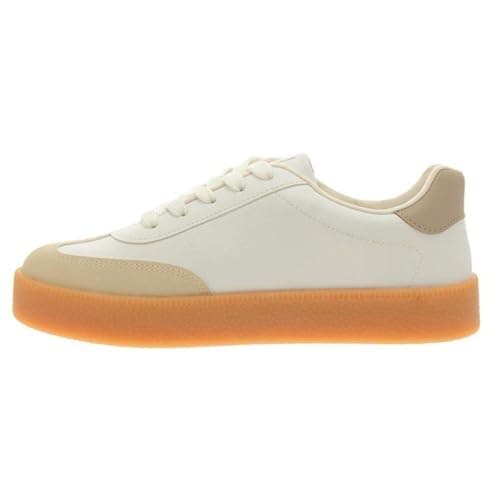 Tênis VIZZANO branco com detalhes em bege, solado laranja e design minimalista.