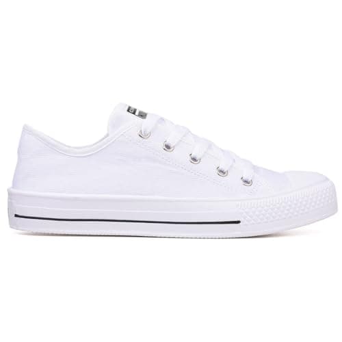 Tênis feminino branco casual, cano baixo, com amarração e etiqueta preta.