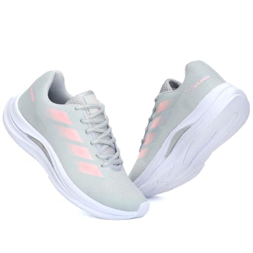 Tênis VUKS leve cinza e rosa para corrida e academia, com sola branca e detalhes rosa.