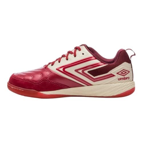 Chuteira futsal Umbro Pro 5 Bump, vermelho e branco, com sola de tração.