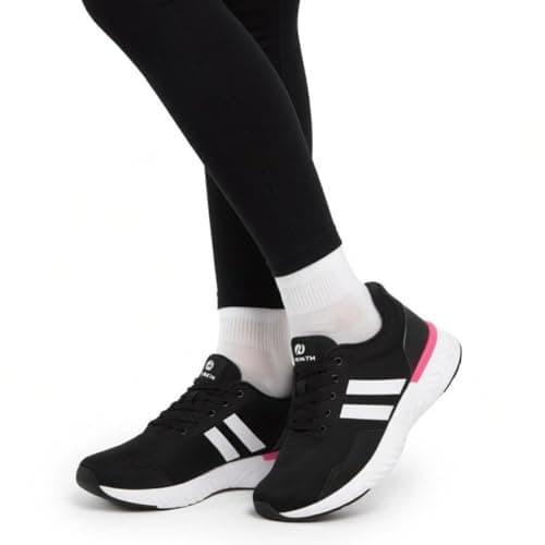 Tênis ortopédico feminino Max Feet Health para academia e corrida, preto e rosa.