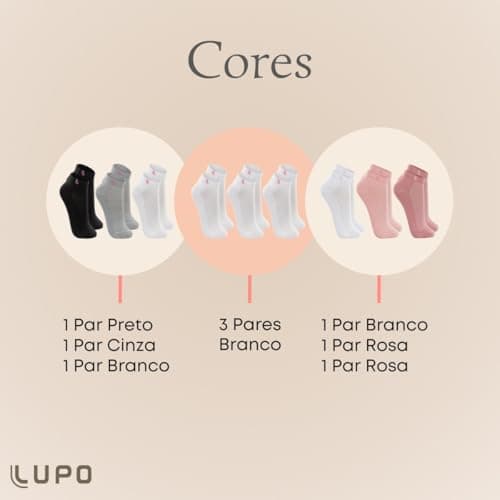 LUPO Kit 3 Meia Cano Baixo Curto Esportiva Algodão Punho Soft Feminina Adulto, 1 Branco - 1 Bubble Gum - 1 Malva, M (37-40)