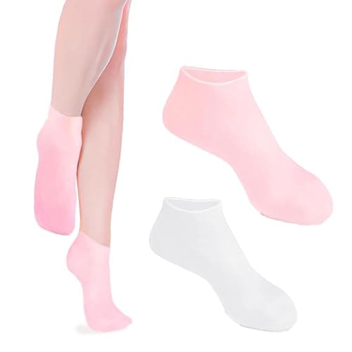 ZXFUTURE 2 Pares de Meias de Silicone para Mulheres, Meias de Gel Macio, Meias de Aloe Vera, Meias Hidratantes para Pés, Meias Femininas de Pedicure de Spa para Reparar Pés Secos, Calcanhares Rachados e Suavizar A Pele Áspera - Rosa e Branco