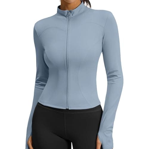 Jaqueta esportiva feminina de manga comprida – Jaqueta de ioga leve com zíper, top ativo slim fit com furos para o polegar, Multi, G