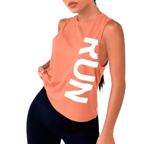 Regata Feminina Estampada Run Camiseta Sem Manga Soltinha Leve Caminhada Corrida Academia Esportiva Casual Confortável Verão (BR, Alfa, G, Regular, Coral)