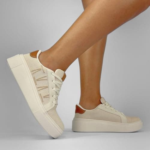 Tênis casual Vizzano 1339332 bege e marrom com sola branca, plataforma 5cm.