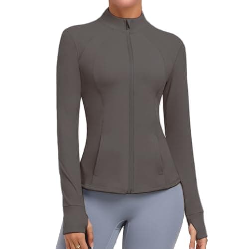 Cighay Jaqueta feminina atlética de treino leve com zíper completo com bolsos para corrida slim fit yoga esportiva com furos para o polegar