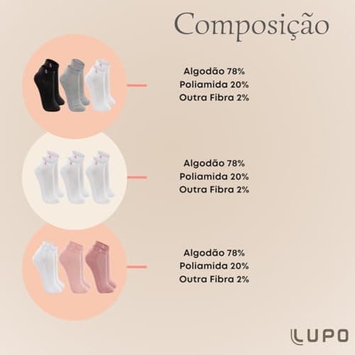 LUPO Kit 3 Meia Cano Baixo Curto Esportiva Algodão Punho Soft Feminina Adulto, 1 Branco - 1 Bubble Gum - 1 Malva, M (37-40)
