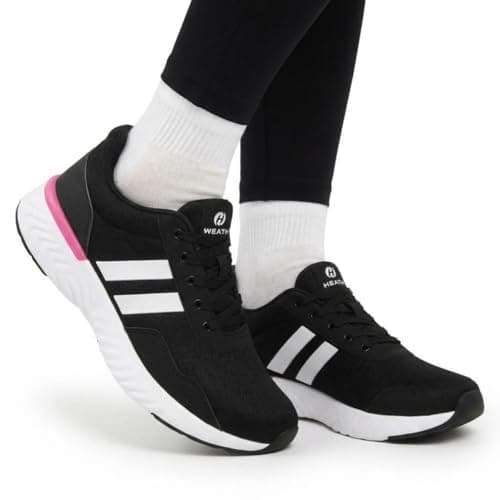 Tênis ortopédico feminino Max Feet Health, preto com sola rosa e branco.