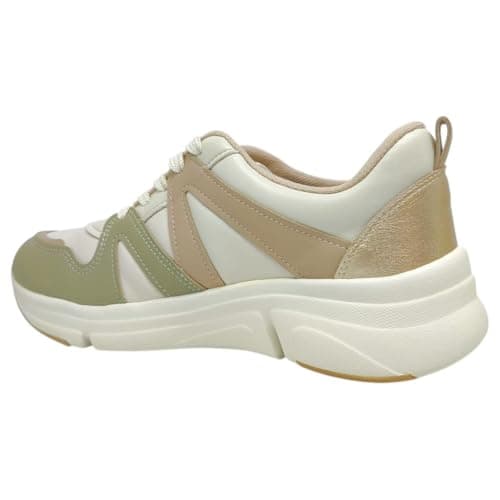 Tênis Modare 7401 branco e bege com detalhes em dourado e sola alta.