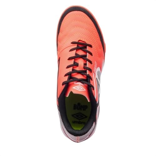 Tênis Umbro Pro 5 Bump Club Futsal Coral, mostrando o interior com logotipo verde.