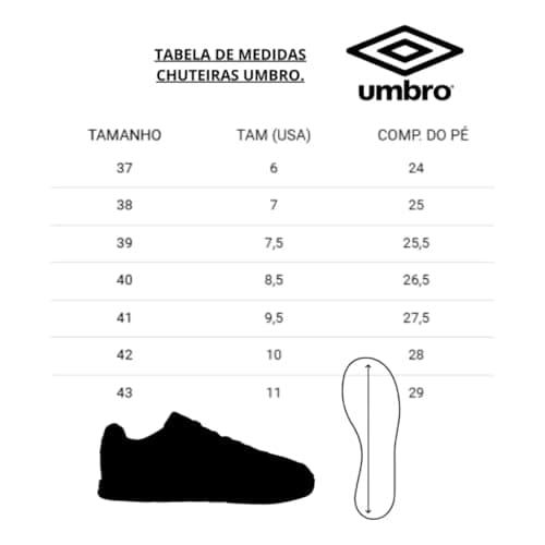Tabela de medidas das chuteiras Umbro Attak III Society com ilustração do calçado.