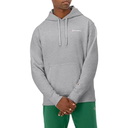 Champion Moletom masculino com capuz com logotipo escrito em lã (regular ou grande e alto), Cinza Oxford - Pequeno logotipo escrito, P