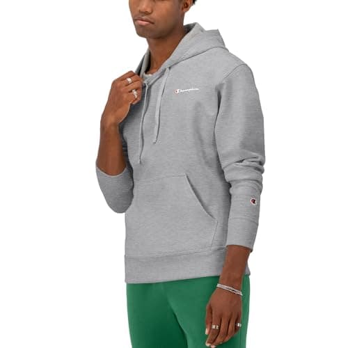 Champion Moletom masculino com capuz com logotipo escrito em lã (regular ou grande e alto), Cinza Oxford - Pequeno logotipo escrito, P