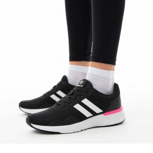 Detalhes do tênis ortopédico feminino Max Feet Health, preto com detalhes em rosa.