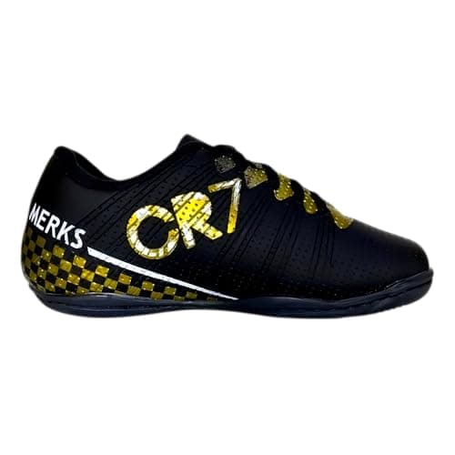 Chuteira Infantil Futsal Futebol Menino Leve Macio CR (Preto-Dourado, BR, Criança de 4 a 8 anos, Numérico, 33)
