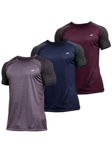 Kit 3 Camisetas Dry Fit Masculina, Manga Curta Raglan, Malha Fria, Gola Redonda, Esportiva para Academia, Corrida e Ciclismo (BR, Alfa, P, Regular, Cinza + Vermelho + Azul)