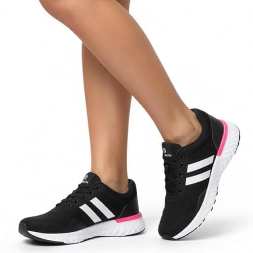 Tênis ortopédico feminino preto e rosa para academia e corrida