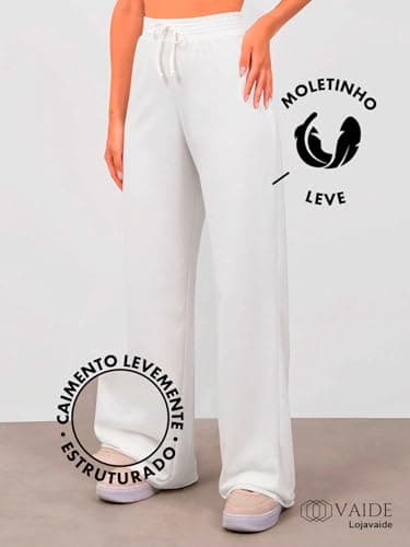Calça Moletinho Pantalona Wide Leg Moletom Feminina Cós Largo Corte a Fio Sem Felpa (BR, Alfa, XG, Regular, Alto, Cinza)