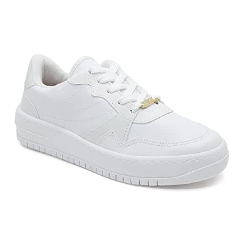 Detalhe do tênis feminino branco Vizzano Leve Casual com logo dourado e solado em relevo.