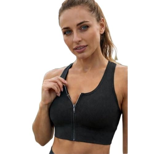 Top Fitness Canelado Nadador com Zíper Frontal, Suplex, Sustentação Média, Costas Abertas com Bojo, Esportivo, Feminino (BR, Alfa, M, Regular, Preto)