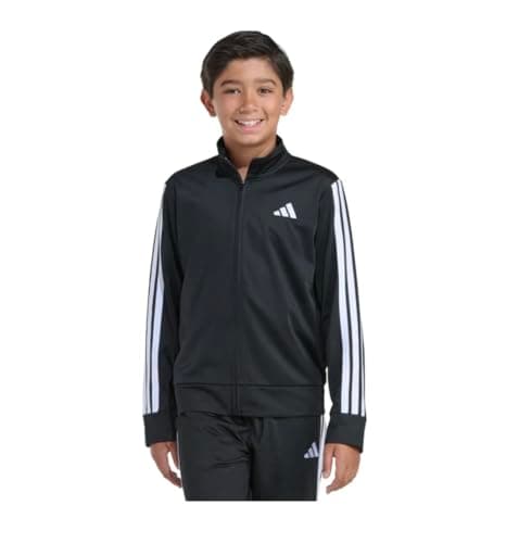 adidas Jaqueta esportiva infantil masculina em tricô com três listras e zíper frontal (EUA, Alpha, Pequeno, Regular, Preta)