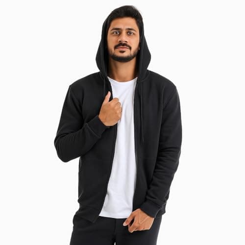 Moletom Unissex com Zíper, Capuz Flanelado, Algodão (BR, Alfa, G, Regular, Regular, Padrão, Preto)