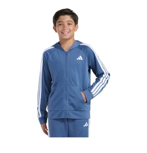 adidas Jaqueta esportiva infantil masculina em tricô com três listras e zíper frontal (EUA, Alpha, Médio, Regular, Azul Marinho Claro)