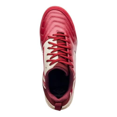Interior da chuteira futsal Umbro Pro 5 Bump, vermelho e branco, com detalhes de design.