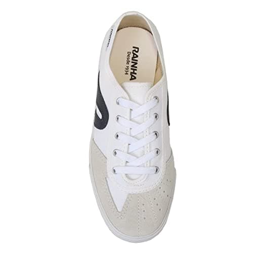 Tênis casual masculino Rainha VL 2500, branco e marinho, com sola marrom.