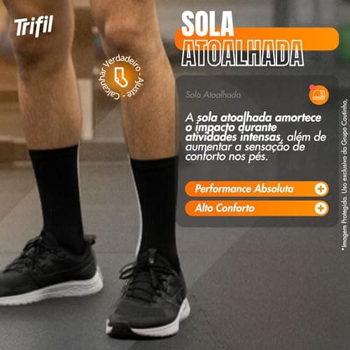 TRIFIL Kit 6 Pares Meia Esportiva Cano Longo Atolhada Calcanhar Verdadeiro Adulto, 6 Preto, 39-43