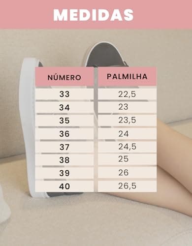 Tabela de medidas para tênis casual feminino Gabriela Ribeiro, do número 33 ao 40.