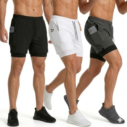 Kit 3 Shorts dryfit Masculino 2 em 1 para Corrida Academia Compressão e Bolsos – Bermuda Esportiva Fitness, Treino, Academia e Running (BR, Alfa, M, Regular, Regular, 1preto/1branco/1cinza)
