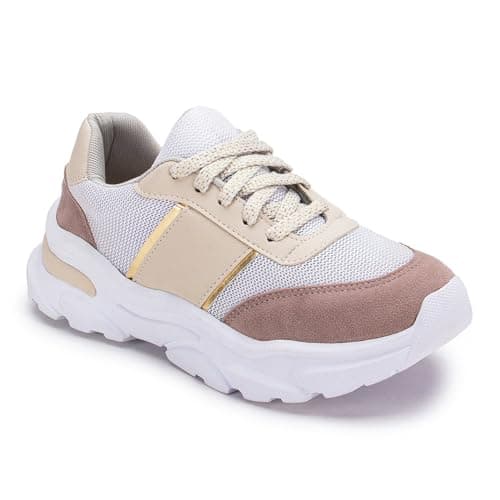 Tênis feminino casual Gugi Fiorella, branco e bege, sola alta e macia, estilo esportivo.