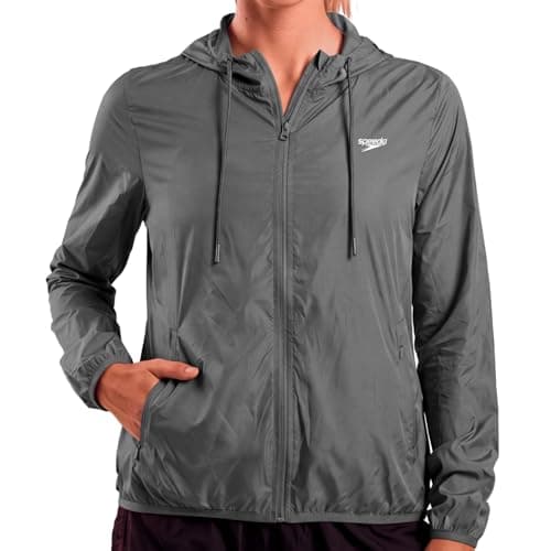 SPEEDO Jaqueta Esportiva Corta Vento Feminino com Bolso e Capuz, Grafite, GG2