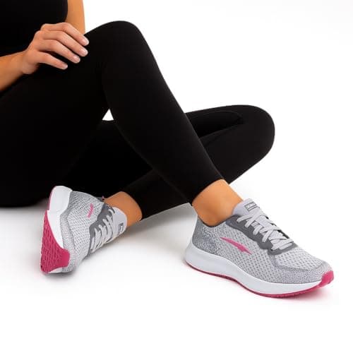 Tênis Caminhada Academia Feminino Leve Confortável Cinza Rosa Branco
