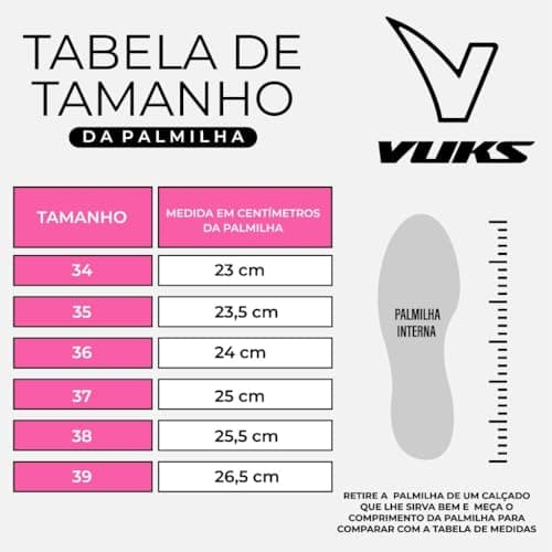 Tabela de tamanhos VUKS para palmilha, com medidas em centímetros de 34 a 39.