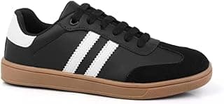 Tênis casual feminino preto e branco com sola marrom, ângulo frontal