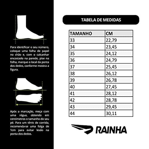 Tabela de medidas para tênis casual masculino Rainha VL 2500, com tamanhos de 33 a 44.
