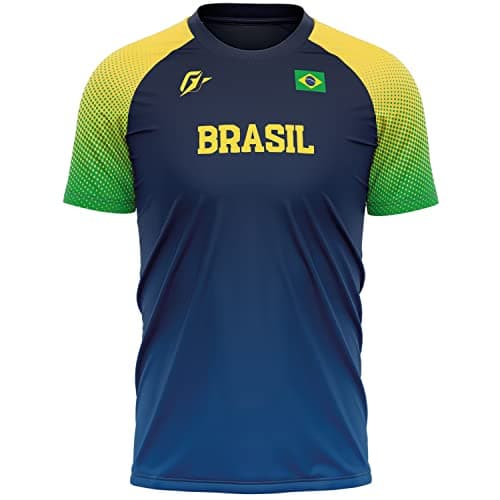 OverFame Camiseta Filtro UV Brasil Azul e Branco Manga Curta G1 Masculina Esportiva Casual
