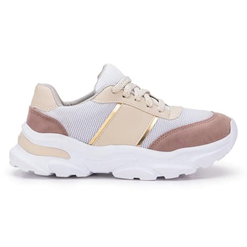 Tênis feminino casual Gugi Fiorella, branco e bege, sola alta e macia, tamanho 40.