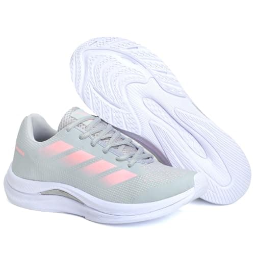 Tênis feminino leve VUKS cinza e rosa para corrida e academia, com sola branca.