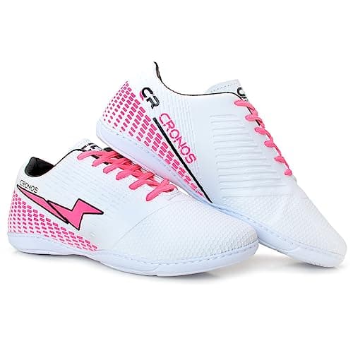 Chuteira Cronos Futsal Sola Costurada Futebol de Salão Masculino Feminino (Branco/Rosa, BR, Adulto, Numérico, 36)